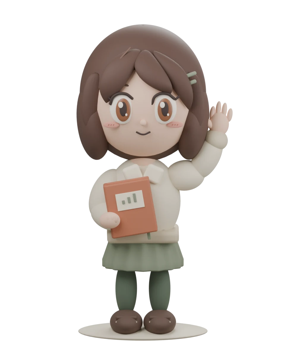 A friendly student mascot holding a notebook and waving hello.